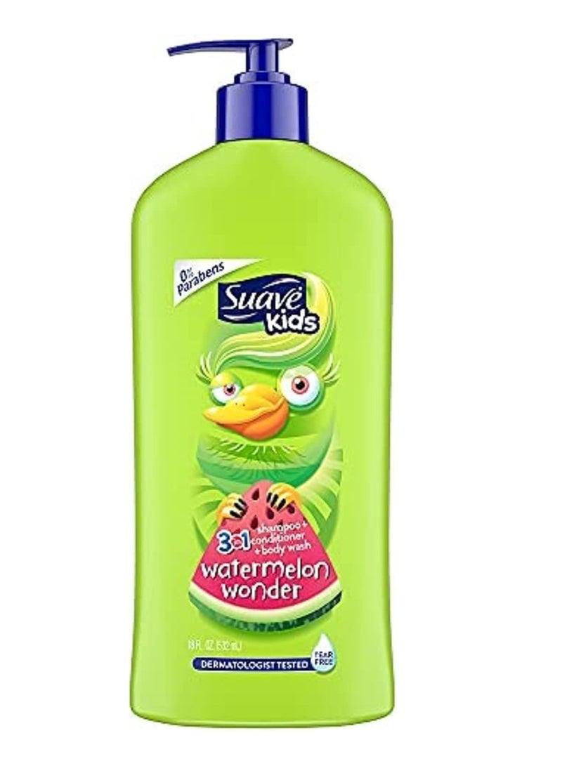 Suave Kids 3in1 Shampoo Conditioner Body Wash for a Tear-Free Shower or Bath Wacky Melon Dermatologically Tested 18 oz