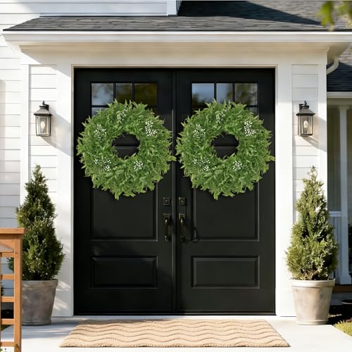 JDKPK 26 Inch Large Boxwoods Wreaths for Front Door Artificial Green Eucalyptus Leaves Greenery Indoor Outdoor Wreath Home Decor Porch Window Wall Farmhouse Door Decorations Spring Summer All Season - Image 3