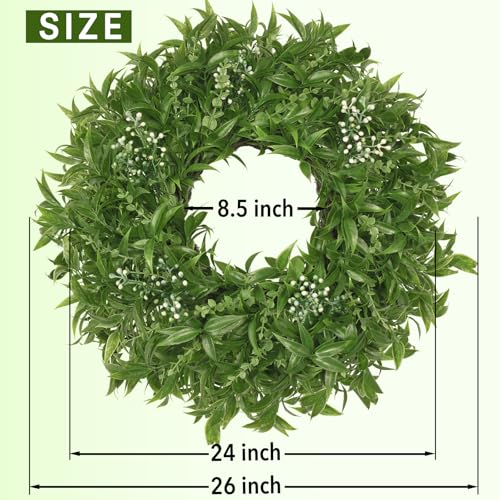 JDKPK 26 Inch Large Boxwoods Wreaths for Front Door Artificial Green Eucalyptus Leaves Greenery Indoor Outdoor Wreath Home Decor Porch Window Wall Farmhouse Door Decorations Spring Summer All Season - Image 4