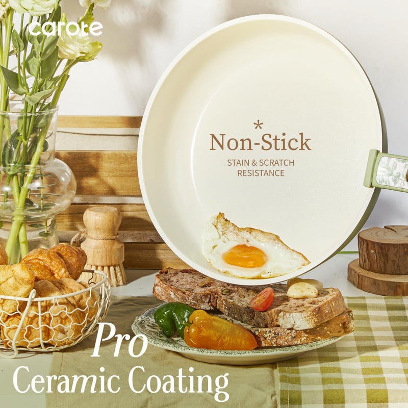CAROTE 25-Piece Ceramic Cookware Set, Nonstick Pots and Pans Set with Detachable Handle, Non-Toxic Kitchen Cooking Set, Dishwasher & Oven Safe, Induction Compatible, PFAS Free, Green - Image 3