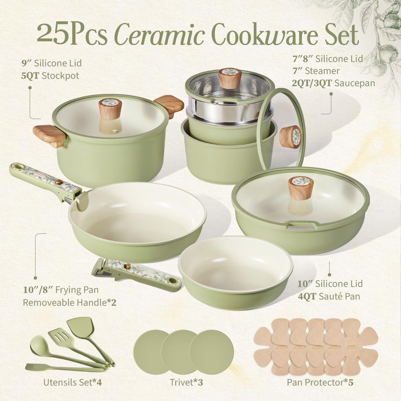 CAROTE 25-Piece Ceramic Cookware Set, Nonstick Pots and Pans Set with Detachable Handle, Non-Toxic Kitchen Cooking Set, Dishwasher & Oven Safe, Induction Compatible, PFAS Free, Green - Image 2