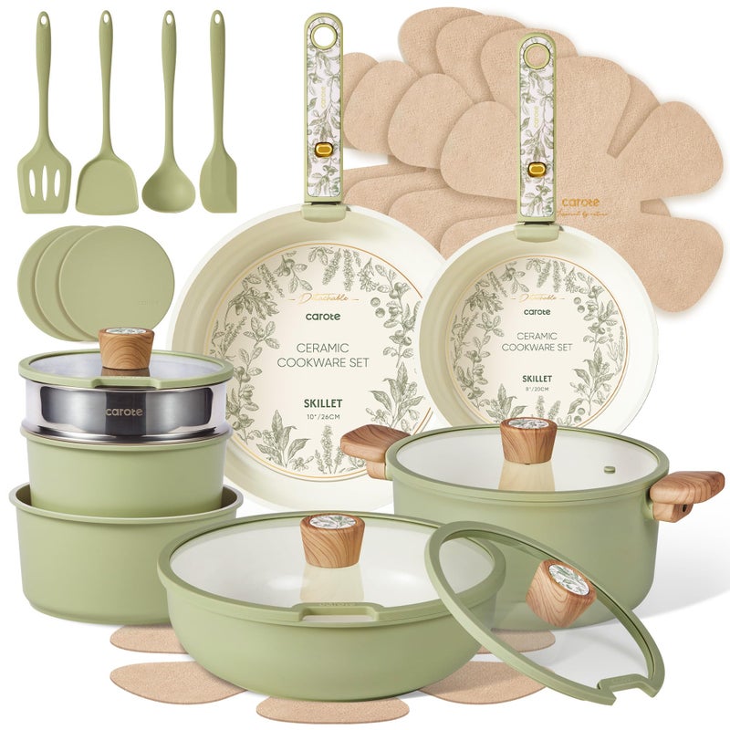 CAROTE 25-Piece Ceramic Cookware Set, Nonstick Pots and Pans Set with Detachable Handle, Non-Toxic Kitchen Cooking Set, Dishwasher & Oven Safe, Induction Compatible, PFAS Free, Green - Image 1