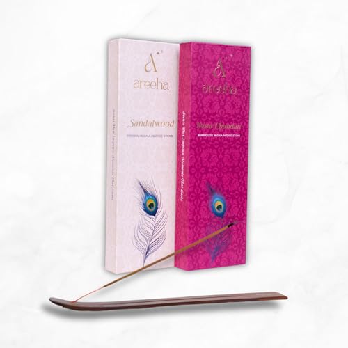 Areeha Kesar Chandan & Sandalwood Masala Incense Sticks Combo | Charcoal-Free, Gangajal Infused Agarbatti with Divine Fragrances & Pure Extract of Kesar, Chandan & Sandalwood Powder | Pack of 1 Each - Image 1