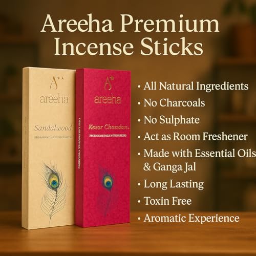 Areeha Kesar Chandan & Sandalwood Masala Incense Sticks Combo | Charcoal-Free, Gangajal Infused Agarbatti with Divine Fragrances & Pure Extract of Kesar, Chandan & Sandalwood Powder | Pack of 1 Each - Image 5