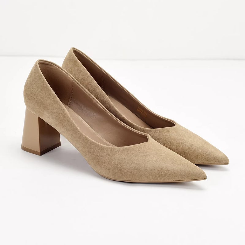 Women's Pointed Toe Suede Pumps with Chunky Heel - Image 3