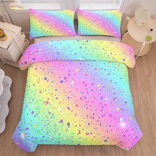 MWMWMW 5 Pcs Rainbow Comforter Set Full, Full Size Bedding Set for Girls, Kids Comforter Set for Girls with 1 Comforter, 1 Flat Sheet, 1 Fitted Sheet and 2 Pillowcases - Image 3
