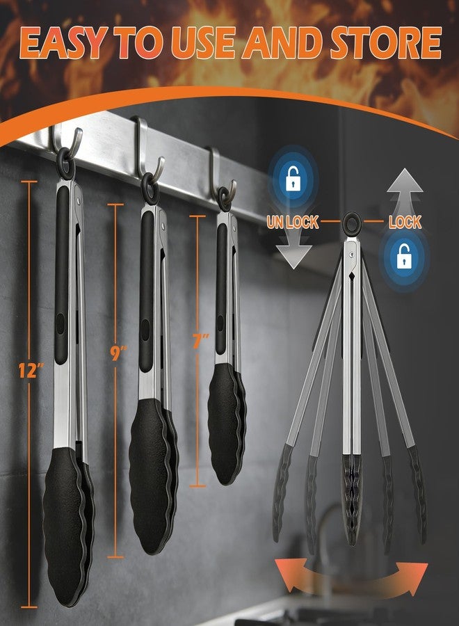 TACGEA Stainless Steel Kitchen Tongs with Silicone Tips, Locking Grilling Food Tongs, 7" 9" and 12", Set of 3 Black - Image 4