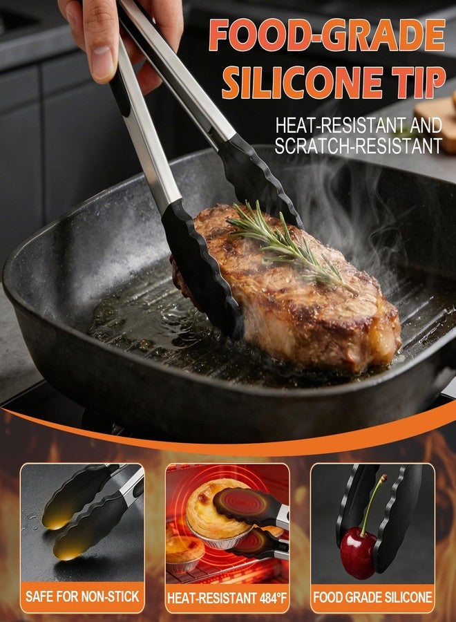 TACGEA Stainless Steel Kitchen Tongs with Silicone Tips, Locking Grilling Food Tongs, 7" 9" and 12", Set of 3 Black - Image 2