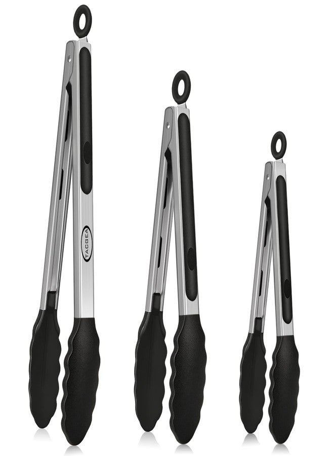 TACGEA Stainless Steel Kitchen Tongs with Silicone Tips, Locking Grilling Food Tongs, 7" 9" and 12", Set of 3 Black - Image 1