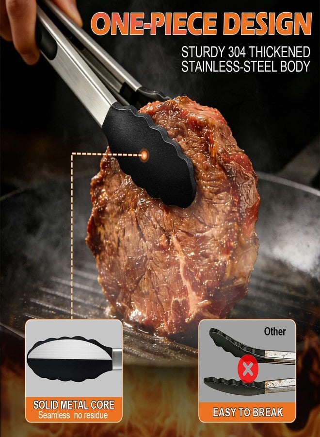 TACGEA Stainless Steel Kitchen Tongs with Silicone Tips, Locking Grilling Food Tongs, 7" 9" and 12", Set of 3 Black - Image 3