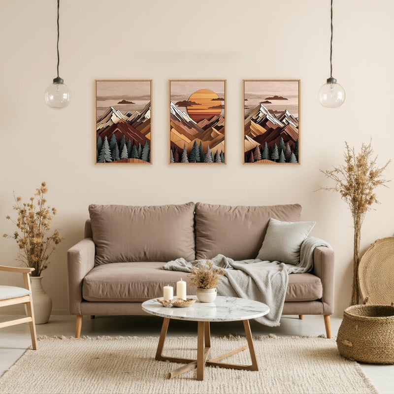 KAIRNE Mountain Framed Canvas Wall Art Set, Mountain Themed Wall Decor, Wooden Pine Tree Scene Wall Painting, Vintage Forest Landscape Art Prints for Living Room, Bedroom, Office 16"x24"x3 - Image 2