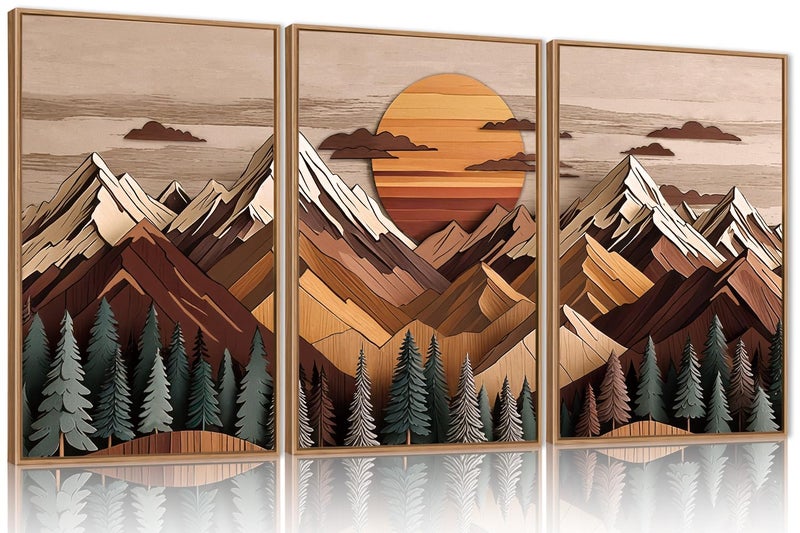 KAIRNE Mountain Framed Canvas Wall Art Set, Mountain Themed Wall Decor, Wooden Pine Tree Scene Wall Painting, Vintage Forest Landscape Art Prints for Living Room, Bedroom, Office 16"x24"x3 - Image 1