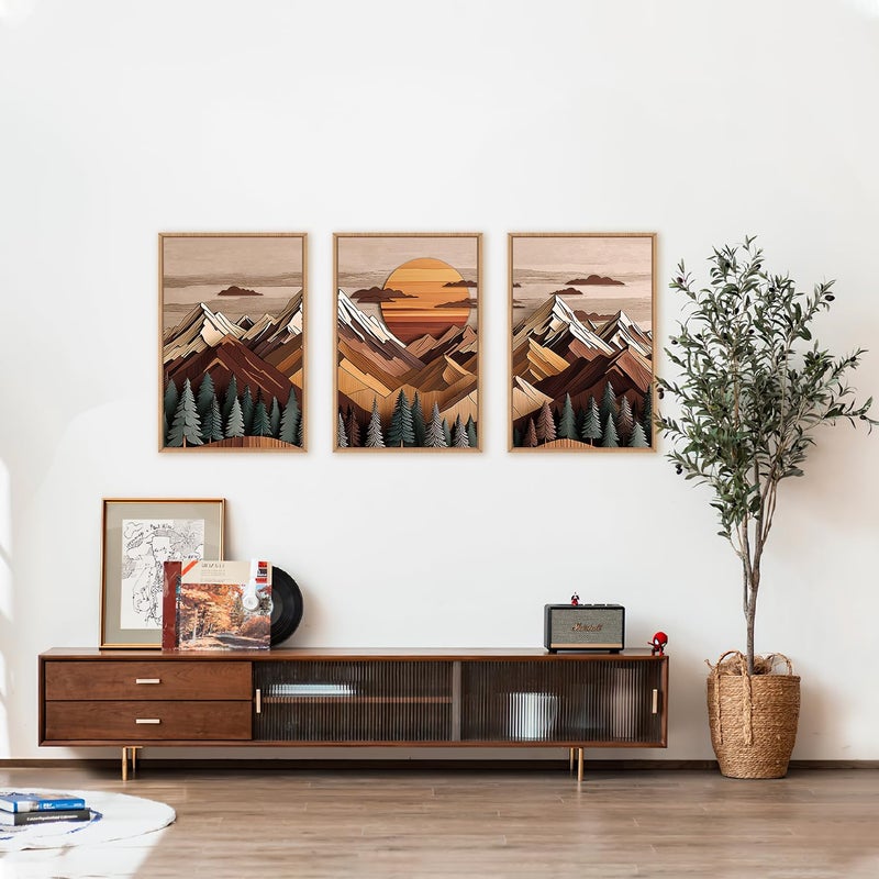 KAIRNE Mountain Framed Canvas Wall Art Set, Mountain Themed Wall Decor, Wooden Pine Tree Scene Wall Painting, Vintage Forest Landscape Art Prints for Living Room, Bedroom, Office 16"x24"x3 - Image 5