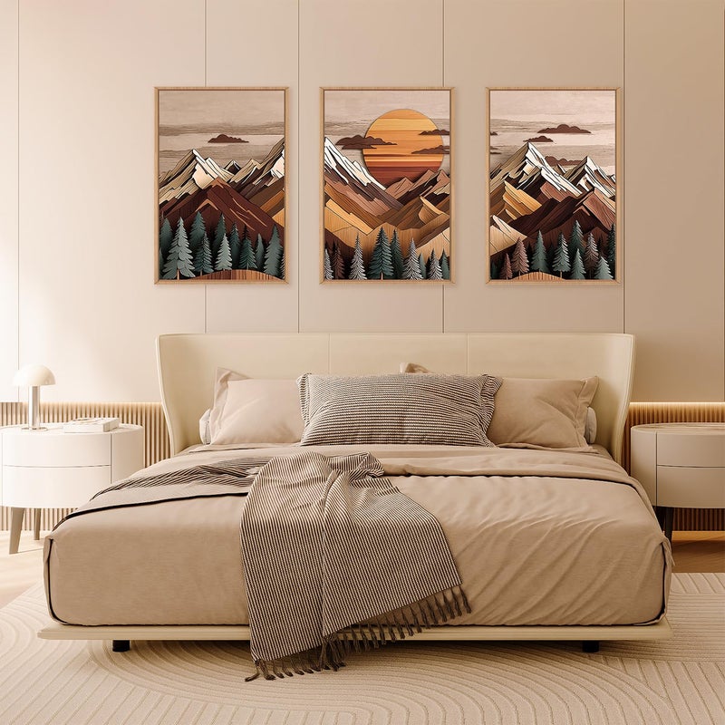 KAIRNE Mountain Framed Canvas Wall Art Set, Mountain Themed Wall Decor, Wooden Pine Tree Scene Wall Painting, Vintage Forest Landscape Art Prints for Living Room, Bedroom, Office 16"x24"x3 - Image 3