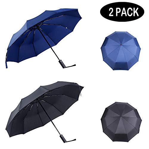 PFFY 2 Packs Travel Umbrella Windproof Auto Open & Close Collapsible Folding Small Compact Backpack Car travel Essentials Purse Umbrellas for Rain Black+Blue - Image 2