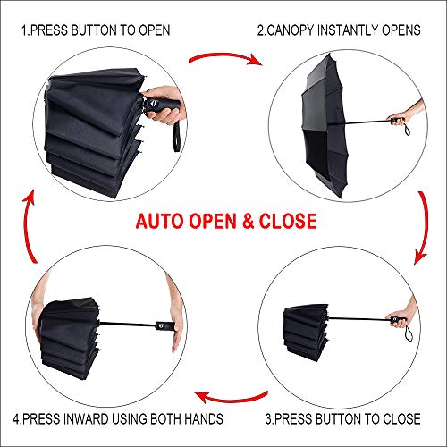 PFFY 2 Packs Travel Umbrella Windproof Auto Open & Close Collapsible Folding Small Compact Backpack Car travel Essentials Purse Umbrellas for Rain Black+Blue - Image 4