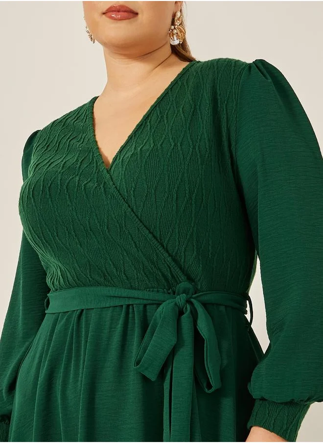 Styli Plus Size Textured Wrap A-Line Midi Dress with Belt