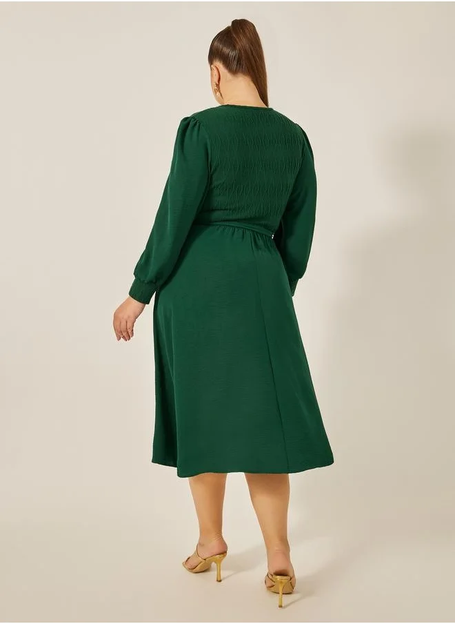Styli Plus Size Textured Wrap A-Line Midi Dress with Belt