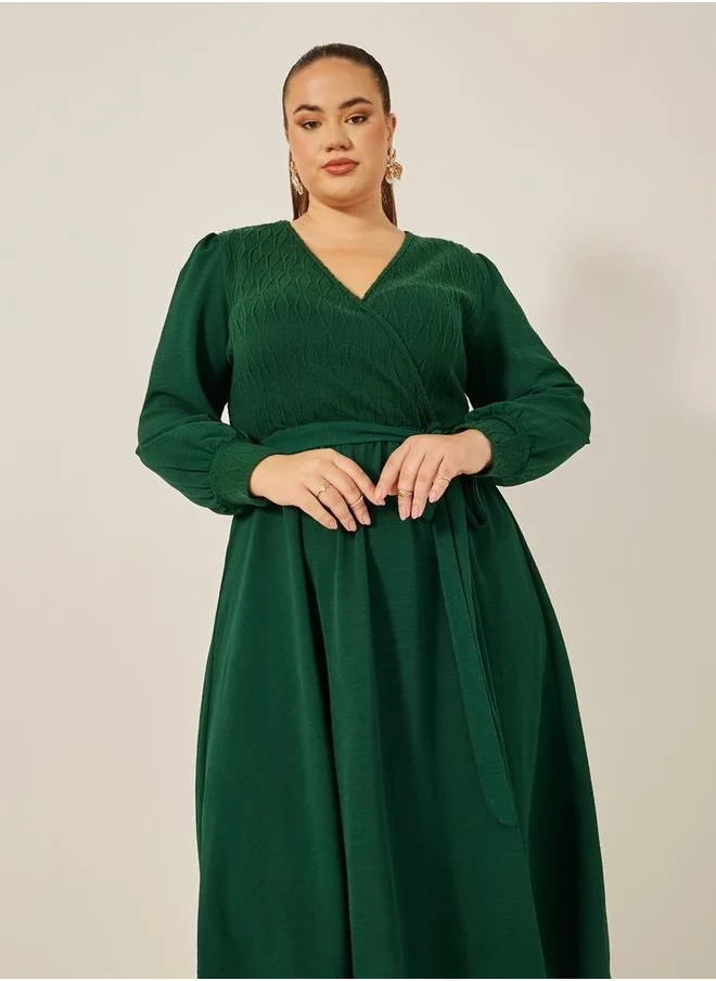Styli Plus Size Textured Wrap A-Line Midi Dress with Belt