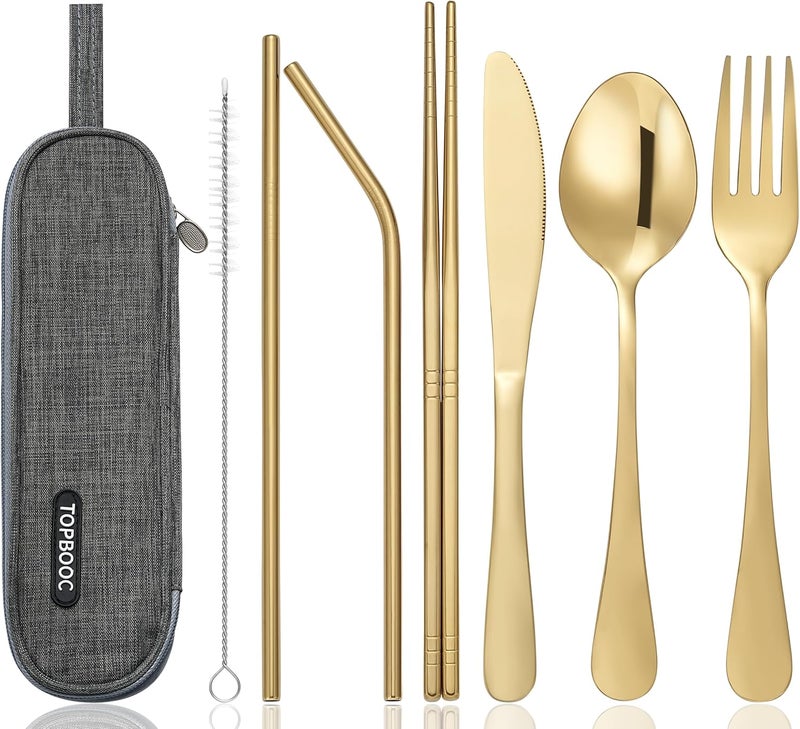 Topbooc Portable Stainless Steel Flatware Set, Travel Camping Cutlery Set, Portable Utensil Travel Silverware Dinnerware Set with a Waterproof Case (Gold) - Image 1