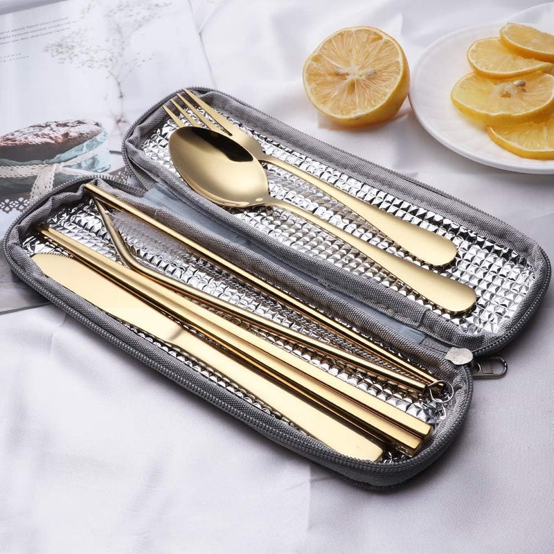 Topbooc Portable Stainless Steel Flatware Set, Travel Camping Cutlery Set, Portable Utensil Travel Silverware Dinnerware Set with a Waterproof Case (Gold) - Image 2