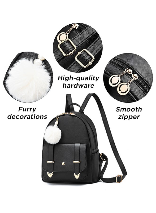 SHABILI Women Girls PU Backpack School Daypack, Ladies Large-Capacity Multi-Pocket Back Bag with Detachable Furry Pom Charm college bag, Youth Teenager for Daily Casual Study Travel Party (Black) - Image 3