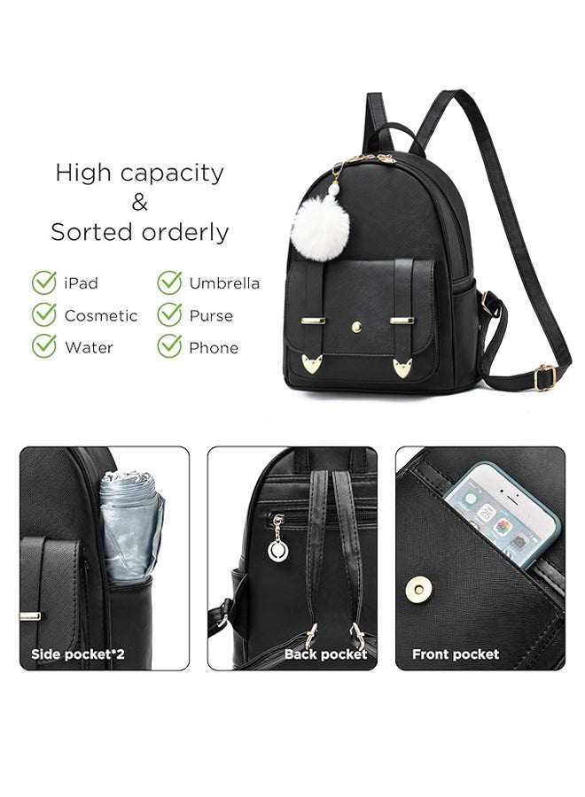 SHABILI Women Girls PU Backpack School Daypack, Ladies Large-Capacity Multi-Pocket Back Bag with Detachable Furry Pom Charm college bag, Youth Teenager for Daily Casual Study Travel Party (Black) - Image 4