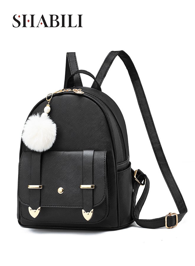 SHABILI Women Girls PU Backpack School Daypack, Ladies Large-Capacity Multi-Pocket Back Bag with Detachable Furry Pom Charm college bag, Youth Teenager for Daily Casual Study Travel Party (Black) - Image 1