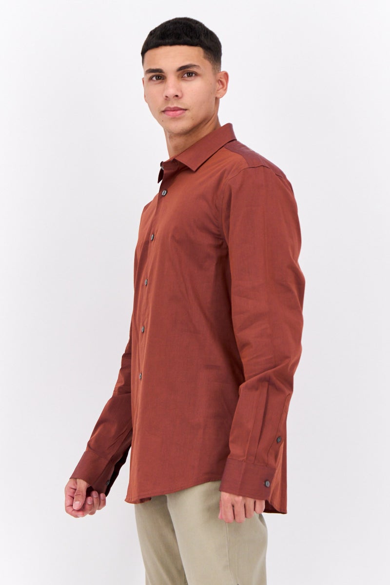PERRY ELLIS Men Slim Fit Birdseye Long Sleeves Casual Shirt, Dark Brown  - Image 2