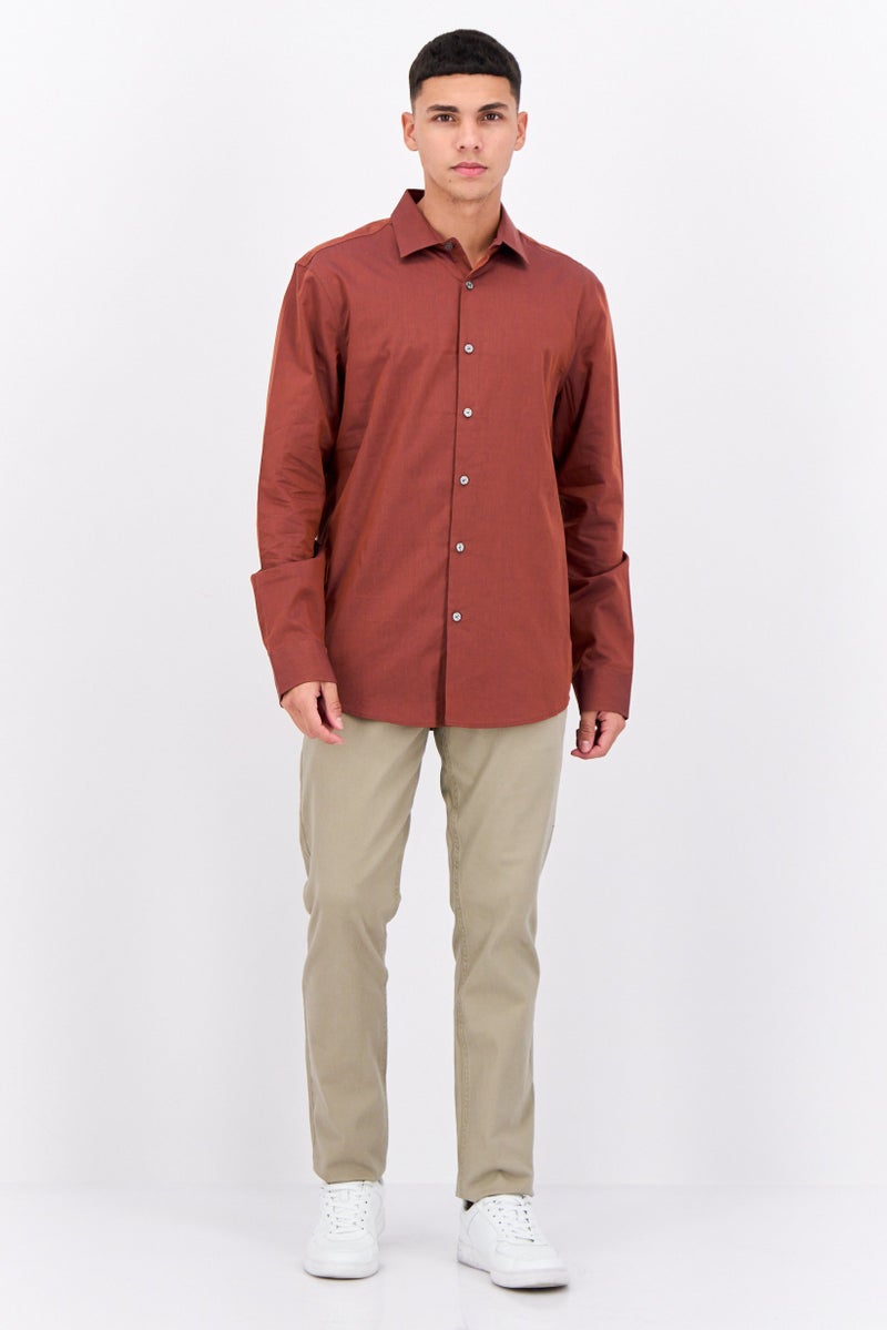 PERRY ELLIS Men Slim Fit Birdseye Long Sleeves Casual Shirt, Dark Brown  - Image 4