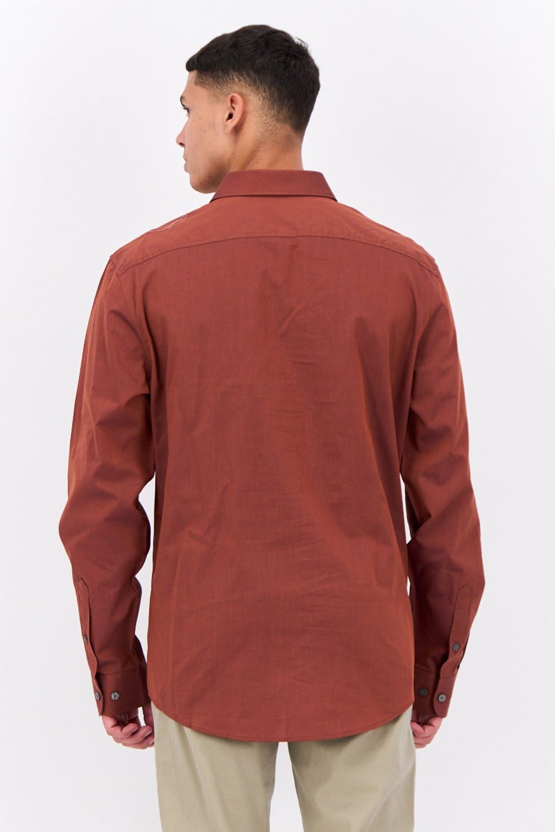 PERRY ELLIS Men Slim Fit Birdseye Long Sleeves Casual Shirt, Dark Brown  - Image 3