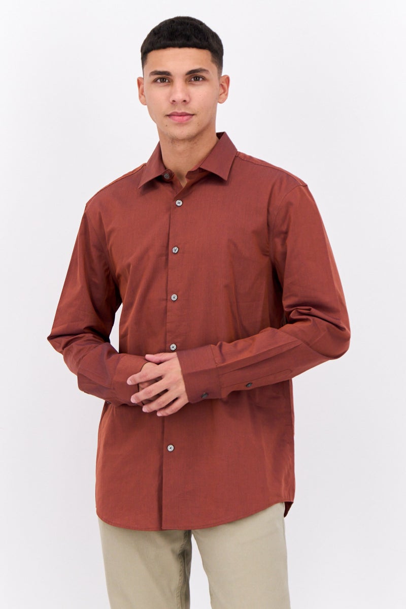 PERRY ELLIS Men Slim Fit Birdseye Long Sleeves Casual Shirt, Dark Brown  - Image 1
