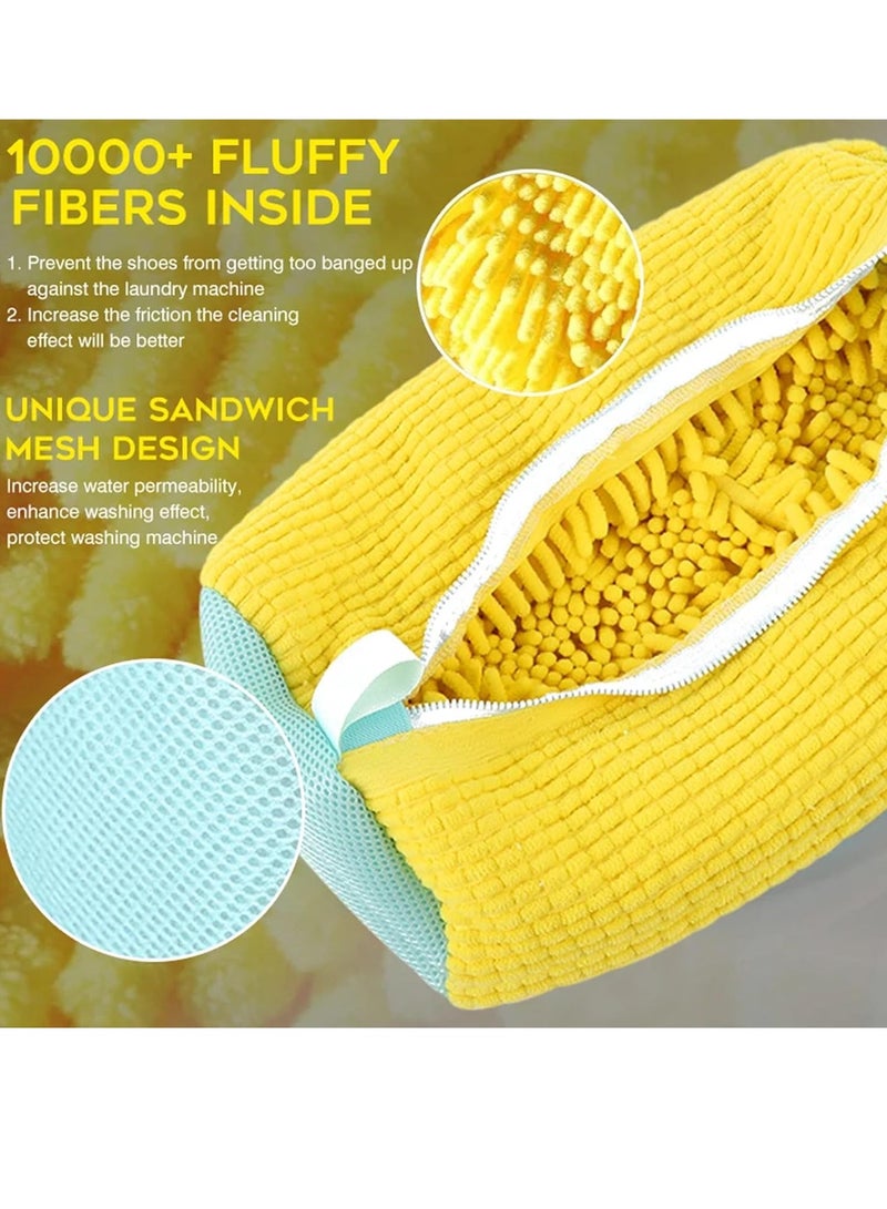 Shoe Washing Machine Bag, 360°All-around Cleaning Shoe Laundry Bag.2 Pairs Adjustable Shoe Trees;Upgraded Durable YKK Zippers; 12000+ Fluffy Fibers for Machine Washable Sneakers (Yellow)  - Image 3