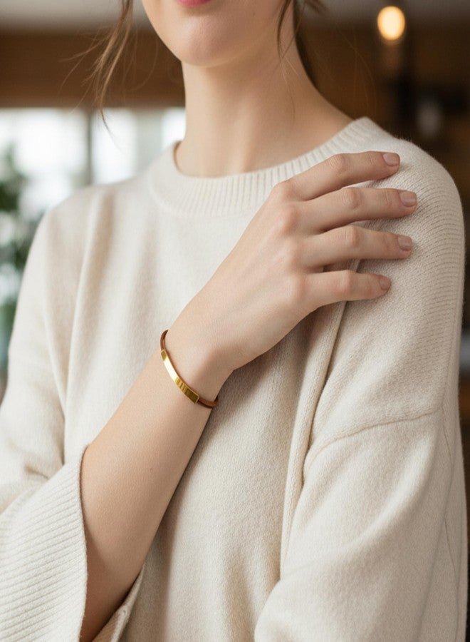 Leporem 18K Gold Plated Stainless Steel Curved Bar Leather Bracelet for Women, Adjustable Genuine Cowhide Cord Minimalist Slider Wristband - Modern Friendship Jewelry Gift for Teen Girls, Adjustable, Leather - Image 5