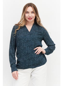 Zero Women V-Neck Long Sleeve Polka Dots Top, Dark Green Combo  - Image 1