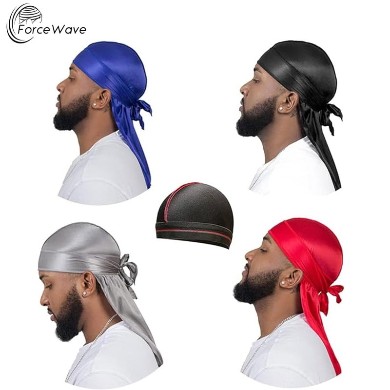 ForceWave 4PCS Silky Durags for Men Women 360 Waves with 1 Wave Cap, Silky Satin Durag Extra Long Tails - Image 4