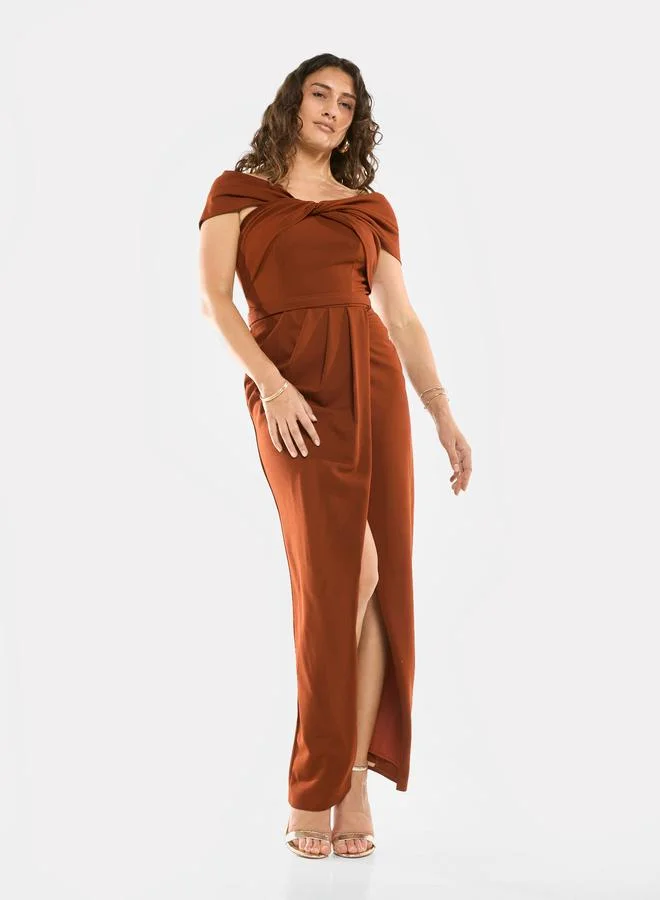 House of Moda Folded Collar Draped Wrap Gown Maxi Dress