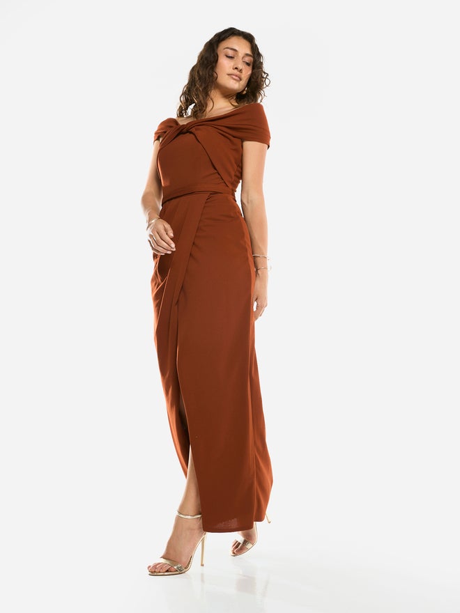 House of Moda Folded Collar Draped Wrap Gown Maxi Dress - Image 4