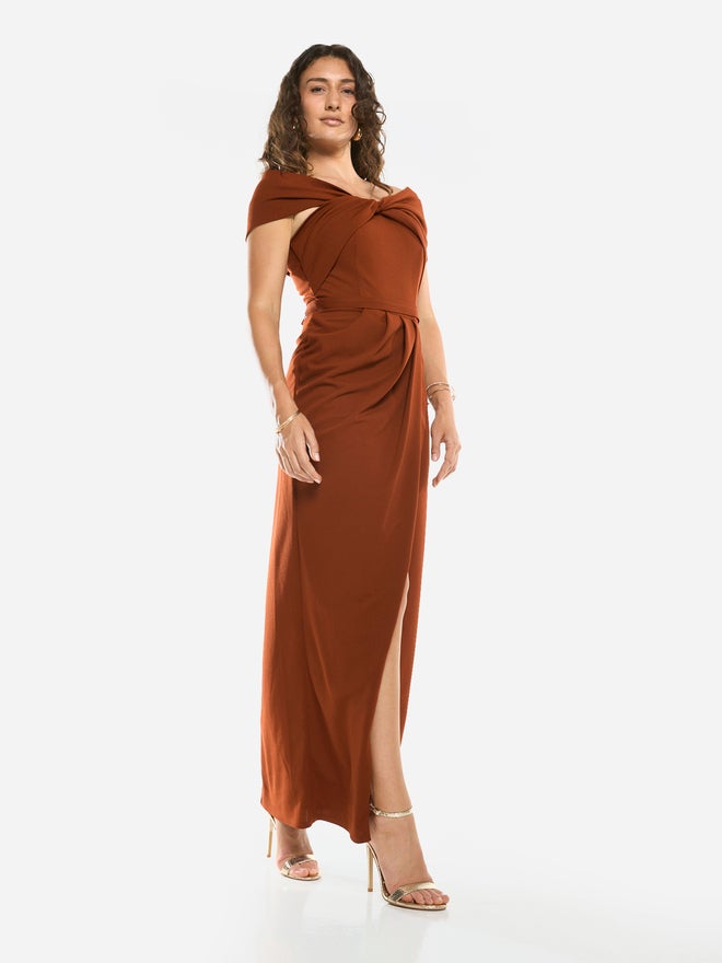 House of Moda Folded Collar Draped Wrap Gown Maxi Dress - Image 3