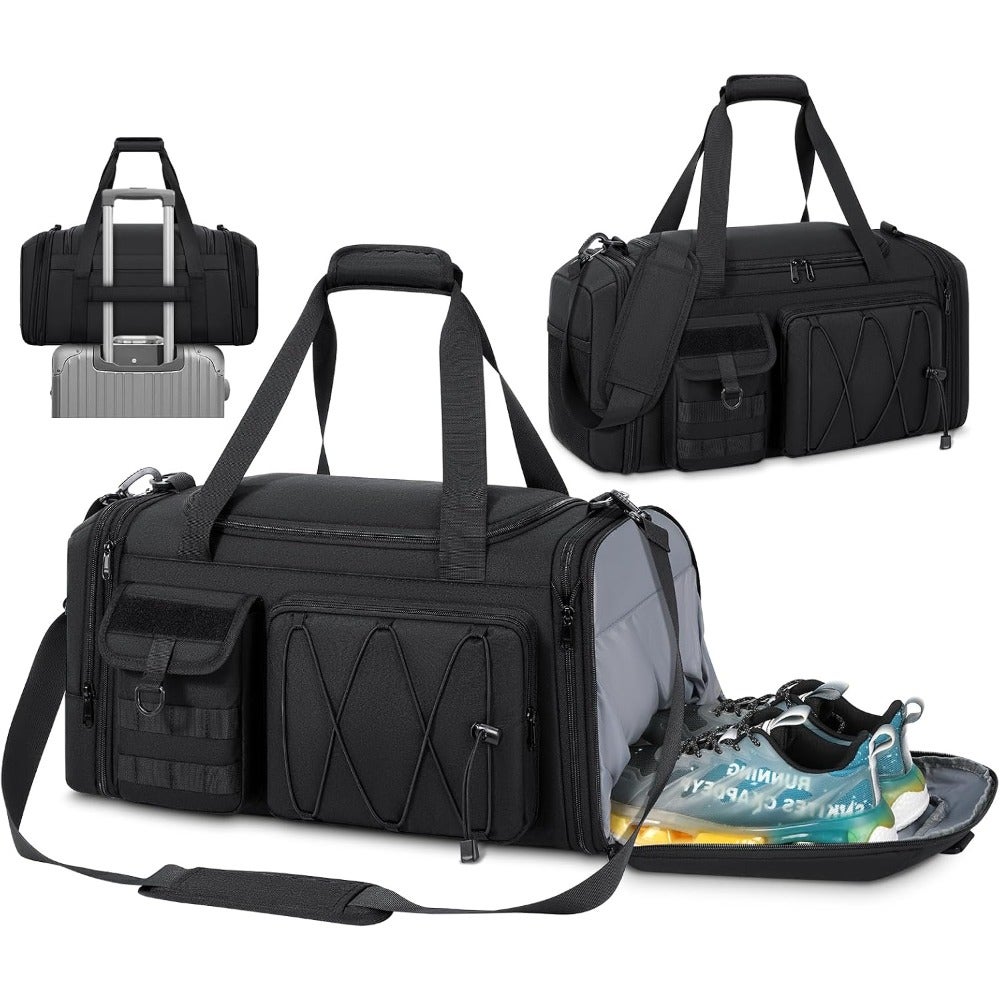 Gym Bag for travel and sports, polyester, black, water-resistant with shoe compartment and expandable 40L capacity