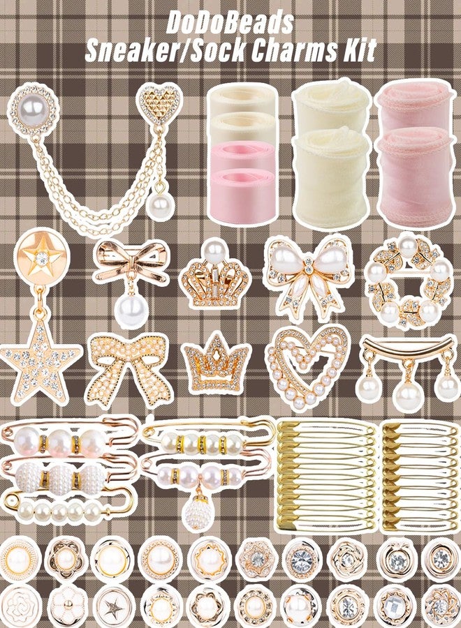 DoDoBeads 68 Pcs Shoe Charms for Sneakers, Elegant Sneaker Charms Kit with Pearls, Crowns, Ribbons & Satin/Lace Shoelaces, Sock Charm for Women, DIY Shoe Lace Decorations - Image 3