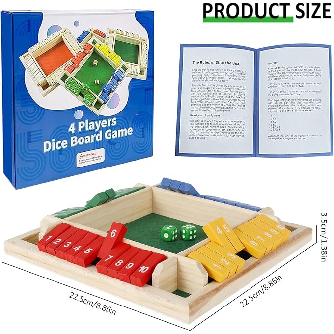 HOTBEST Shut The Box Dice Game, Wooden Board Table Math Game, 2-4 Player Family Classics Tabletop Version Games with 8 Colored Dices, Educational Learning Interactive Game for Classroom, Home, Party, or Pub - Image 3