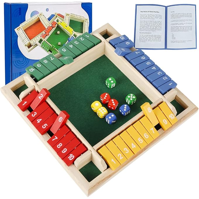 HOTBEST Shut The Box Dice Game, Wooden Board Table Math Game, 2-4 Player Family Classics Tabletop Version Games with 8 Colored Dices, Educational Learning Interactive Game for Classroom, Home, Party, or Pub - Image 1
