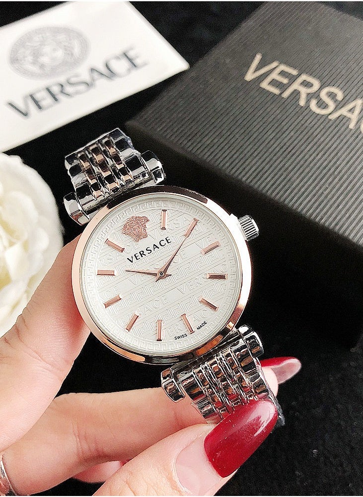 VERSACE - Versace Women's Cubic Zirconia Classic Fashion Versatile Quartz Watch, paired with rose gold and silver patchwork stainless steel strap 35mm - Image 1