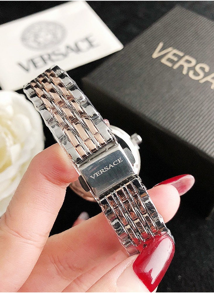 VERSACE - Versace Women's Cubic Zirconia Classic Fashion Versatile Quartz Watch, paired with rose gold and silver patchwork stainless steel strap 35mm - Image 1