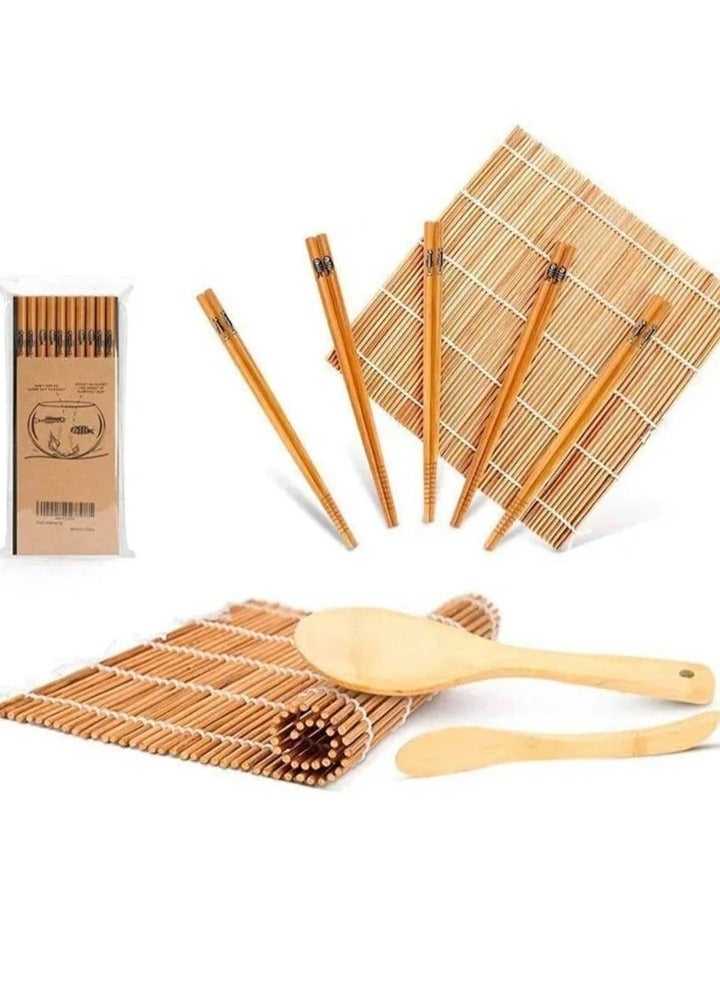 Sushi Making Kit, Bamboo Sushi Mat, Including 2 Sushi Rolling Mats, 5 Pairs of Chopsticks, 1 Paddle, 1 Spreader, 1 Beginner Guide PDF, Roll On, Beginner Sushi Kit - Image 1