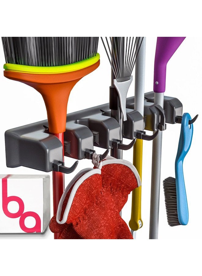 Berry Ave Broom Holder & Wall Mount Garden Tool Organizer - Home Laundry Room, Kitchen, Closet, Shed, Garage Organization and Storage Utility Rack - 5 Slots & 6 Hooks -Rake, Shovel, Mop Hanger (Black) - Image 1