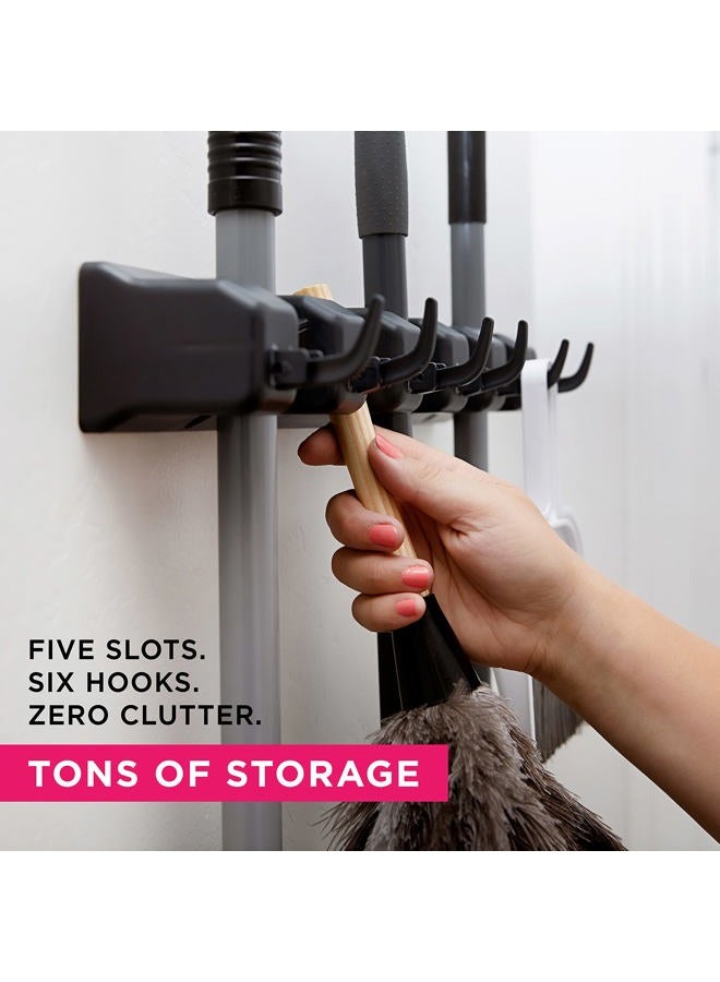 Berry Ave Broom Holder & Wall Mount Garden Tool Organizer - Home Laundry Room, Kitchen, Closet, Shed, Garage Organization and Storage Utility Rack - 5 Slots & 6 Hooks -Rake, Shovel, Mop Hanger (Black) - Image 2
