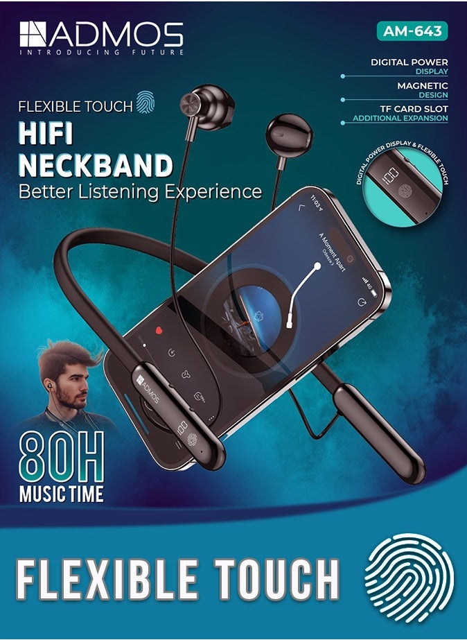 Admos Neckband Headphone With 80 Hours Music Playtime | Real-time Digital Power Display | IPX4 Waterproof Sweatproof | Magnetic Design Earbud | Bluetooth 5.3 Auto Connect Technology | Skin Friendly Silicone Material For Extra Comfort  - Image 2