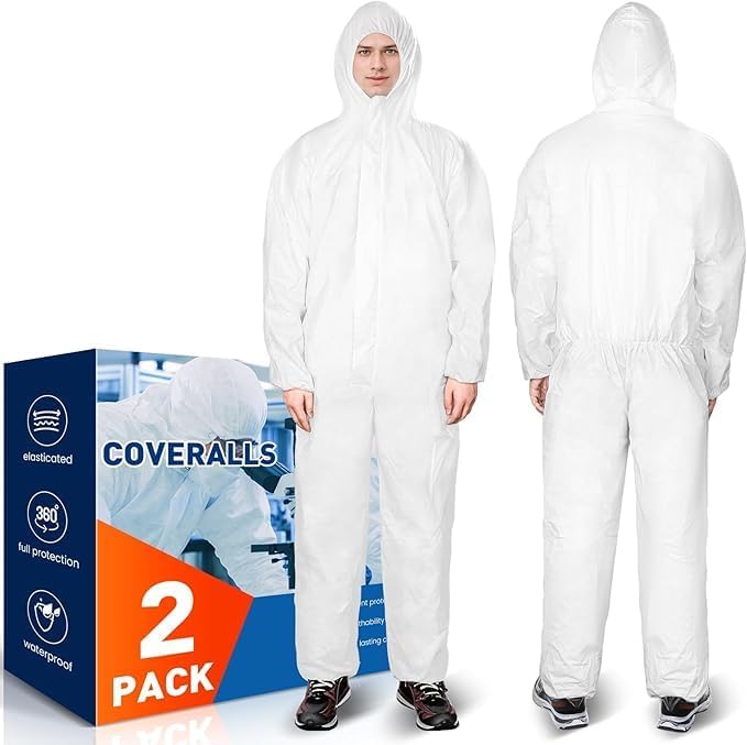 CAREGY 2 Pack Hazmat Suits Disposable Protective Coveralls, Heavy Duty Full Body Painters Suit for Men & Women with Elastic Wrists, Ankles and Hood, Available in 4 sizes-X-Large - Image 1